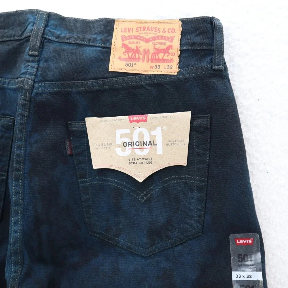 Levis 501 Jeans Mens 33x32 Black Blue Original Straight Button Fly Tie Dye Rock